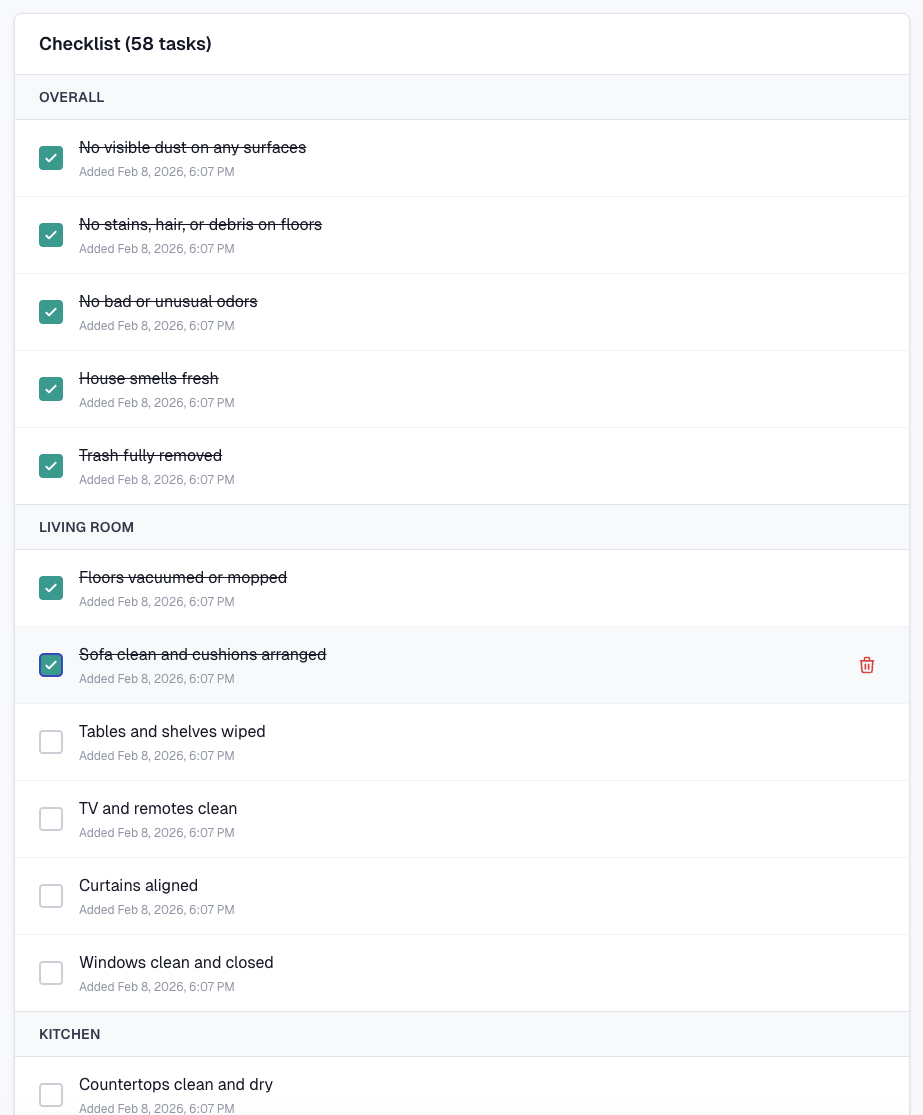 BNBNote checklist — tasks grouped by category (Overall, Living Room, Kitchen) with checkboxes, timestamps, and task count