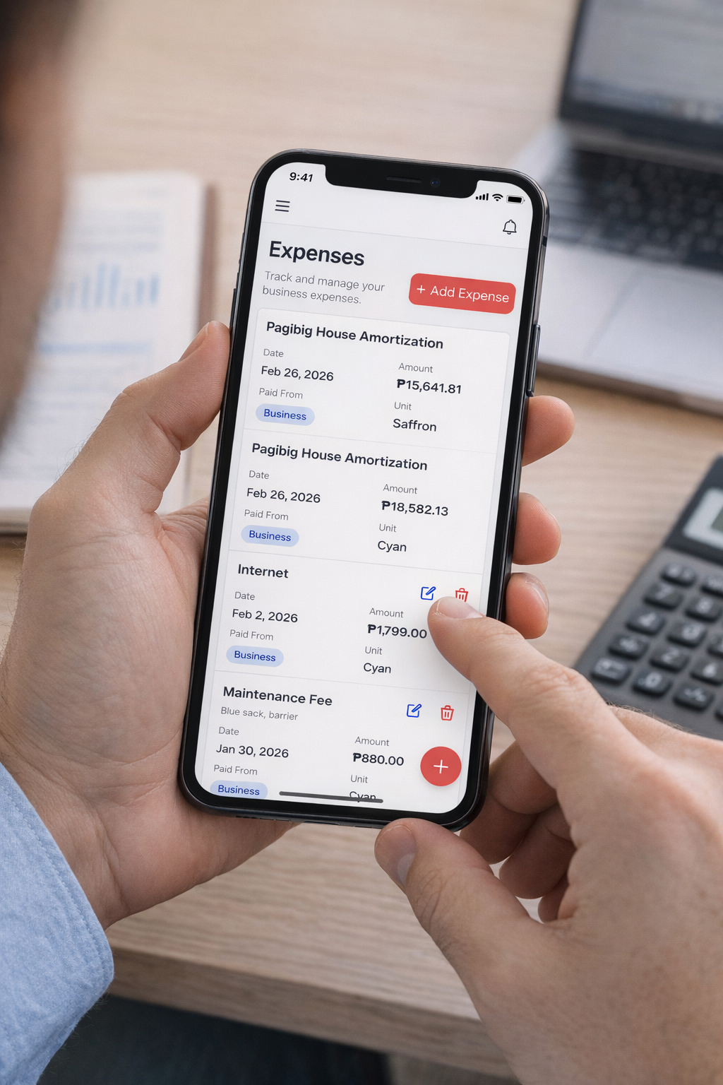 BNBNote expenses on mobile — add and track expenses by category, date, amount, unit; attach receipts; edit or delete entries