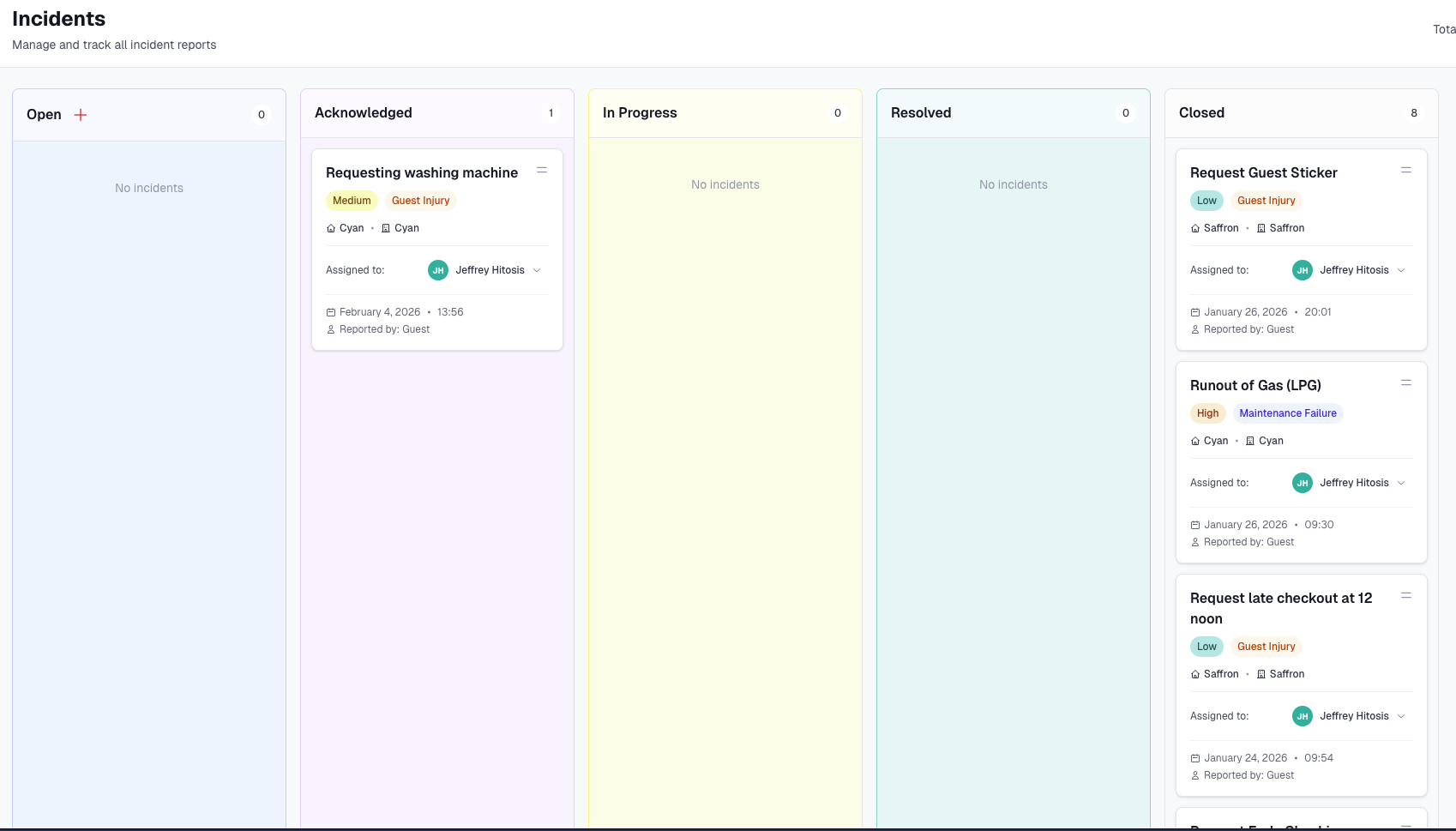 Incident management board — see all incidents and status
